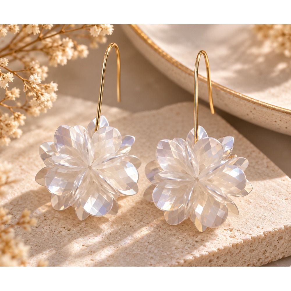 Iridescent White Flower Drop Earrings Gold Hook Floral Statement Earrings